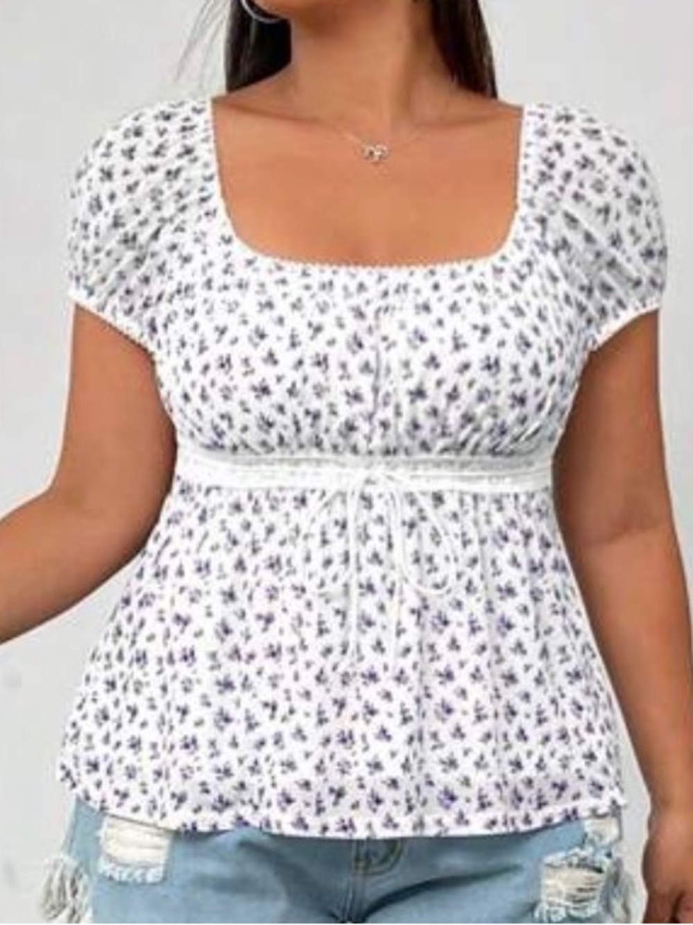 SHEIN White Floral Square-Neck Peplum Blouse with Purple Print